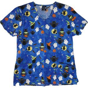 Zoe and Cloe Womens Size M Blue Scrub Top Halloween Ghost Witch Pumpkin Bats